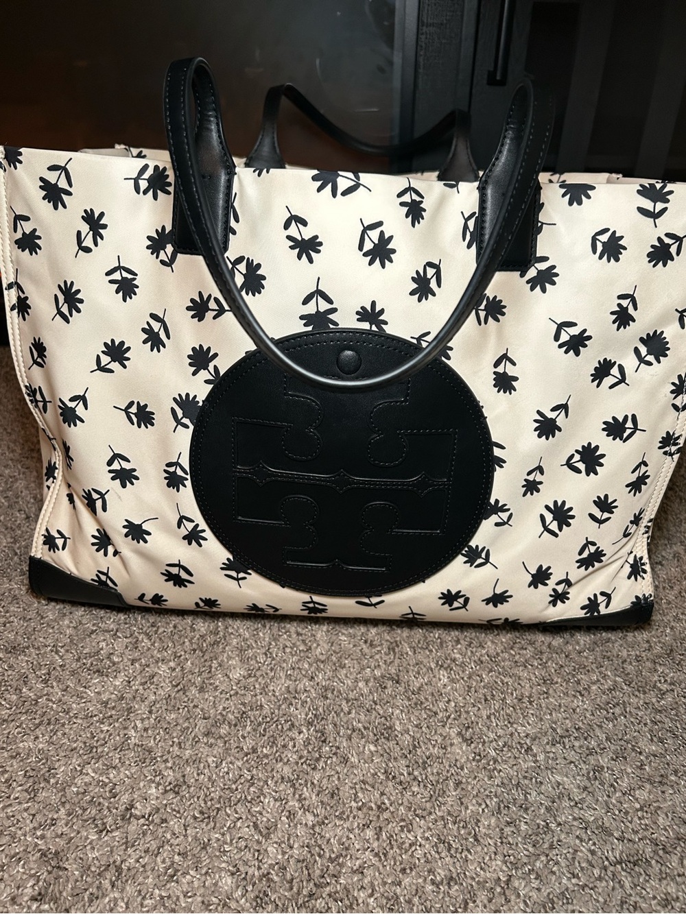 Tory Burch Black & Cream Floral Canvas Tote Bag